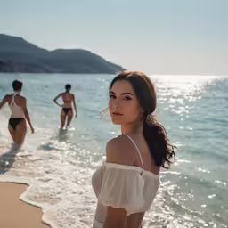 a young girl is posing on the beach