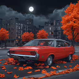 red chevy cortider sits among leaves in a dark city at night,an old fashioned muscle car surrounded by falling orange leaves in a city street