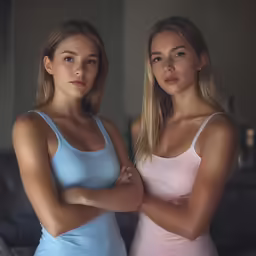 two women pose in front of a camera for a portrait