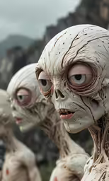 a line of alien heads with bulging eyes