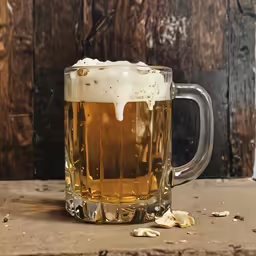 a mug filled with beer sits on a table
