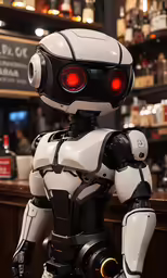 a white robot with red lights on it standing in front of a bar