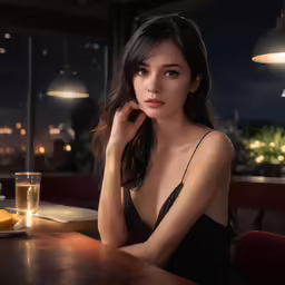 a beautiful woman sitting in a booth with a glass of wine