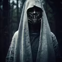 a person wearing a hood and masks standing in the woods