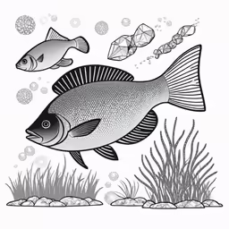 the fish in the water has bubbles and is black and white