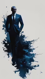 a man dressed in a black suit with a white shirt and tie