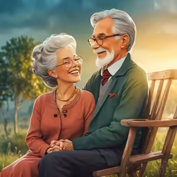 an old couple sit together on a wooden chair
