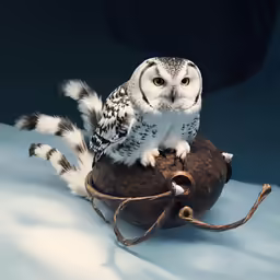 an owl statue perched on a nut and rope