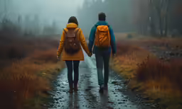 two people walking down a path through the woods