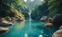 waterfall flowing into a pool of water surrounded by lush green trees