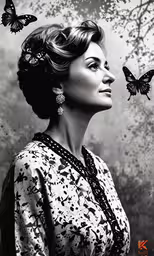 a woman with a bunch of butterflies around her,the beautiful woman is standing with her hair in a bun