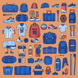a blue poster with many different items of a backpack,a large blue and red poster of various sports gear