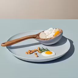 two bowls on a blue surface with food items