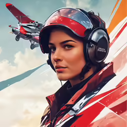 a woman wearing a helmet with an airplane flying overhead