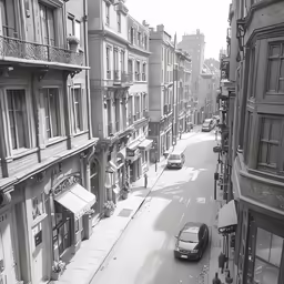 a city street with a car driving past buildings
