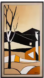 a painting of a bare tree stands in front of a brown and white background,an abstract painting with a tree in front of a house