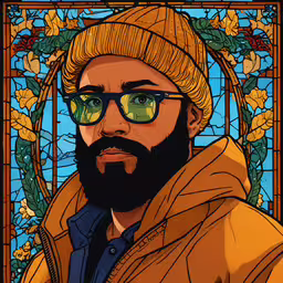 a bearded man wearing glasses and a brown hat,a guy with a hat and sunglasses in front of a stained glass wall
