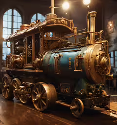 a small train in the middle of a room,the replica of an antique steam engine on display
