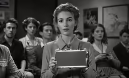 a black and white image of a person holding up a box
