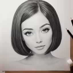 the pencil drawing shows the face and head of a girl with short hair