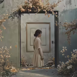 a woman standing in front of a door with plants and a picture frame in the background