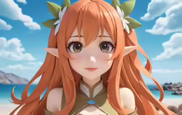 a young girl with long red hair standing on the beach