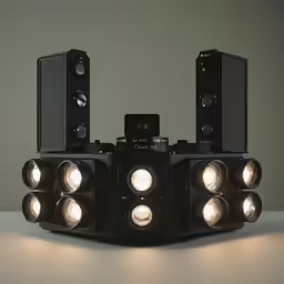 two speaker systems and some speakers are on a table