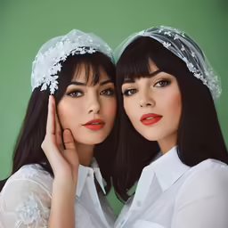 two women wearing white dresses and flower crowns