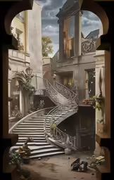 a surreal image of a very long and winding staircase