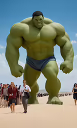 a giant character statue standing in the sand near people