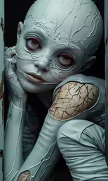 an alien is holding his arm up to his face