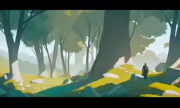 an animated landscape featuring a person walking through the woods