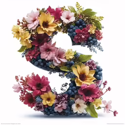 colorful flowers and leaves surround the letter s