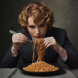 a lady in a suit eating from a plate