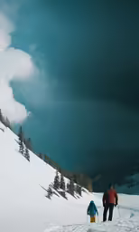 two people are skiing on a snowy hill under a stormcloud