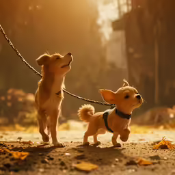 two small dogs standing next to each other on a leash