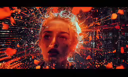 a person with white hair, wearing red and yellow in a digital image