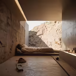 a person laying on a bed inside of a room