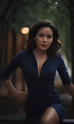 a woman in a black dress poses for a photo