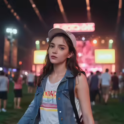 a woman in denim jacket and hat at a music festival