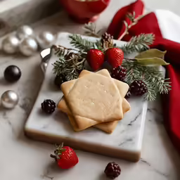 three small cookies on a plate with berries