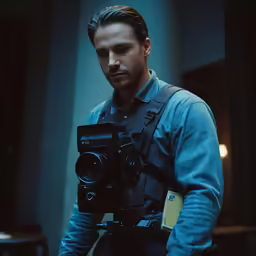 a man holding a camera standing in a room