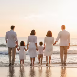 a family stands on the beach while the sun is setting