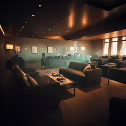 a dark room has couches and a coffee table