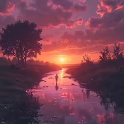a man walking alone in the sunset