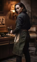 the woman is standing by a desk wearing a trench coat