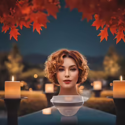 a candlelit area with candles and a doll head