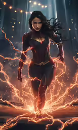 a woman in a costume is running through the fire