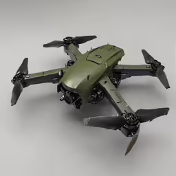 a green model with propellers flying in the sky