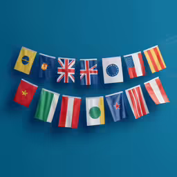 various flags hang on a string and two are flags from different countries